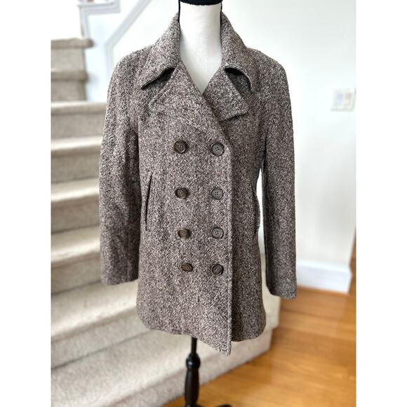 Vintage J.Crew Boucle Wool Brown Double Breasted Pea Coat - Picture 1 of 9